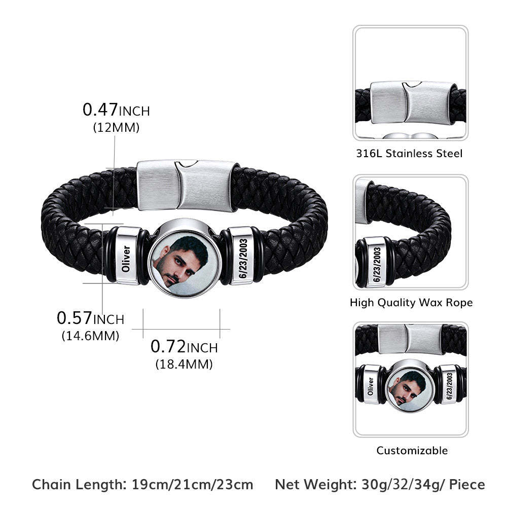 Custom Multi-Name Photo Leather Bracelet for Men Size