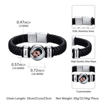Custom Multi-Name Photo Leather Bracelet for Men Size