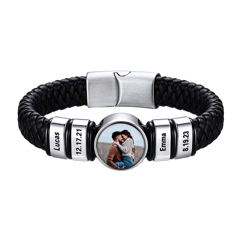 Custom Multi-Name Photo Leather Bracelet for Men Silver