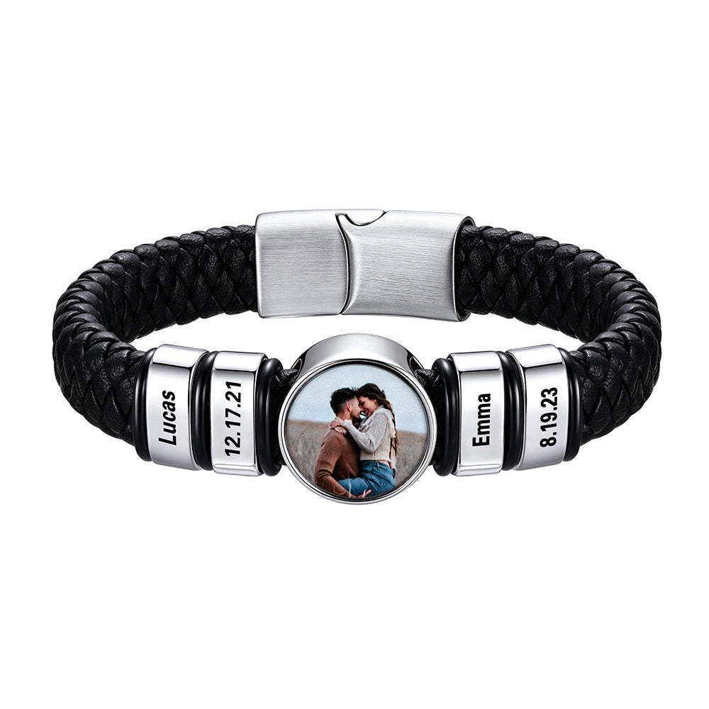 Custom Multi-Name Photo Leather Bracelet for Men Silver