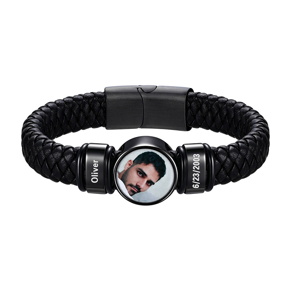 Custom Black Photo Leather Bracelet for Men