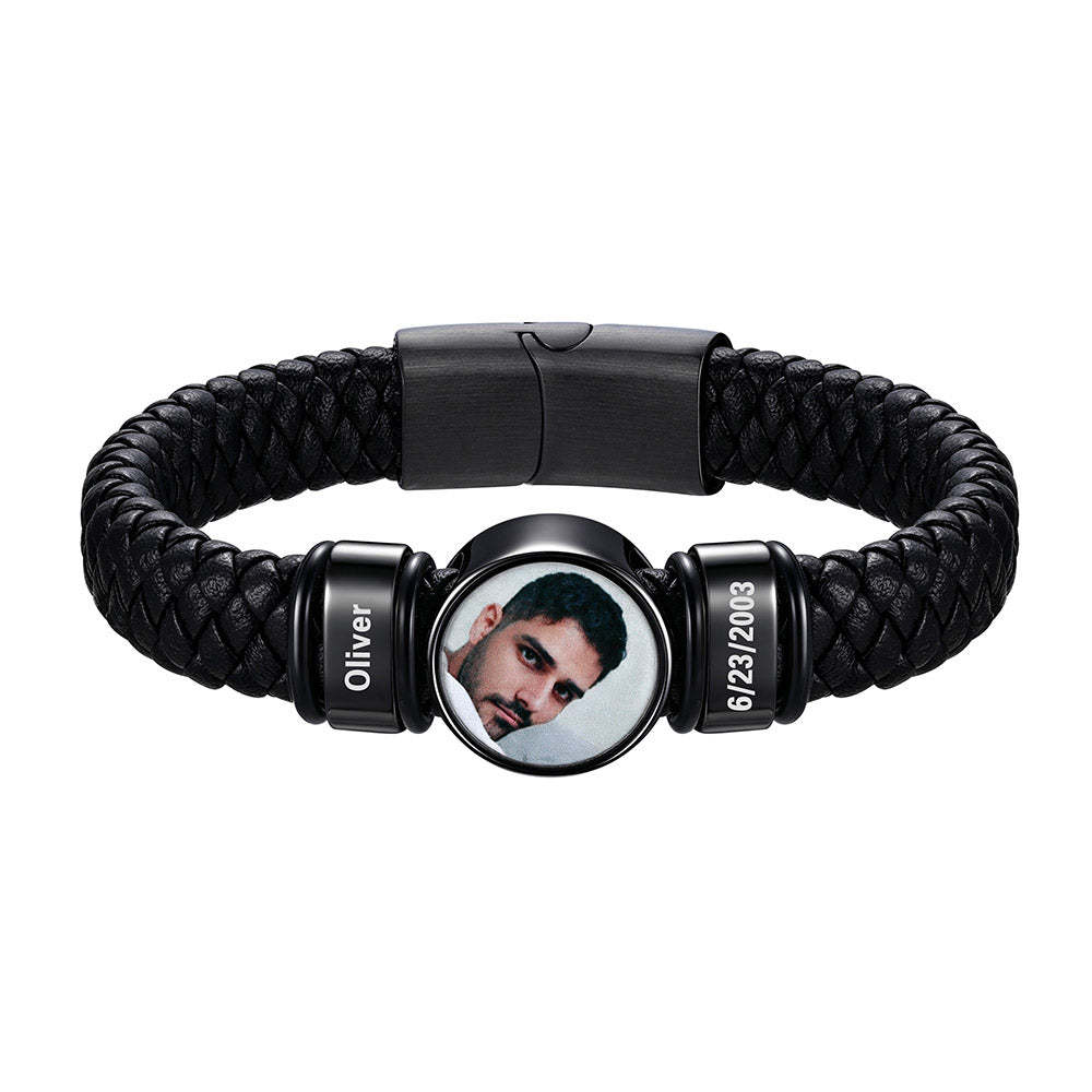 Custom Black Photo Leather Bracelet for Men