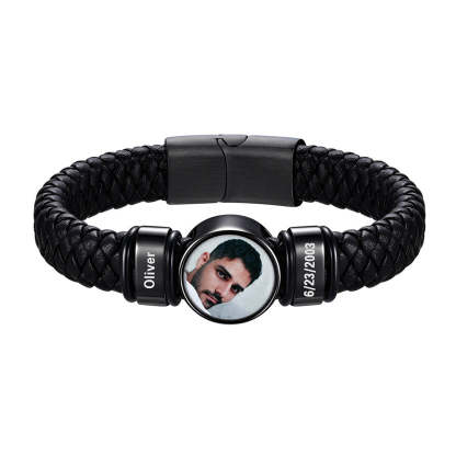 Custom Black Photo Leather Bracelet for Men