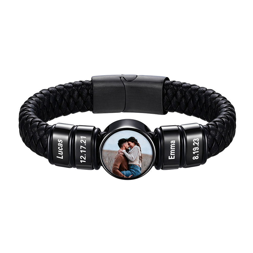 Custom Multi-Name Photo Leather Bracelet for Men