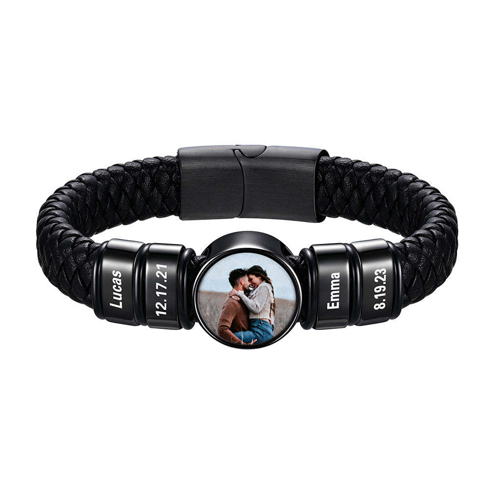 Custom Multi-Name Photo Leather Bracelet for Men