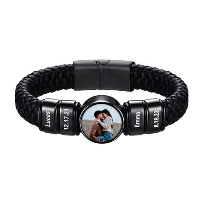 Custom Multi-Name Photo Leather Bracelet for Men