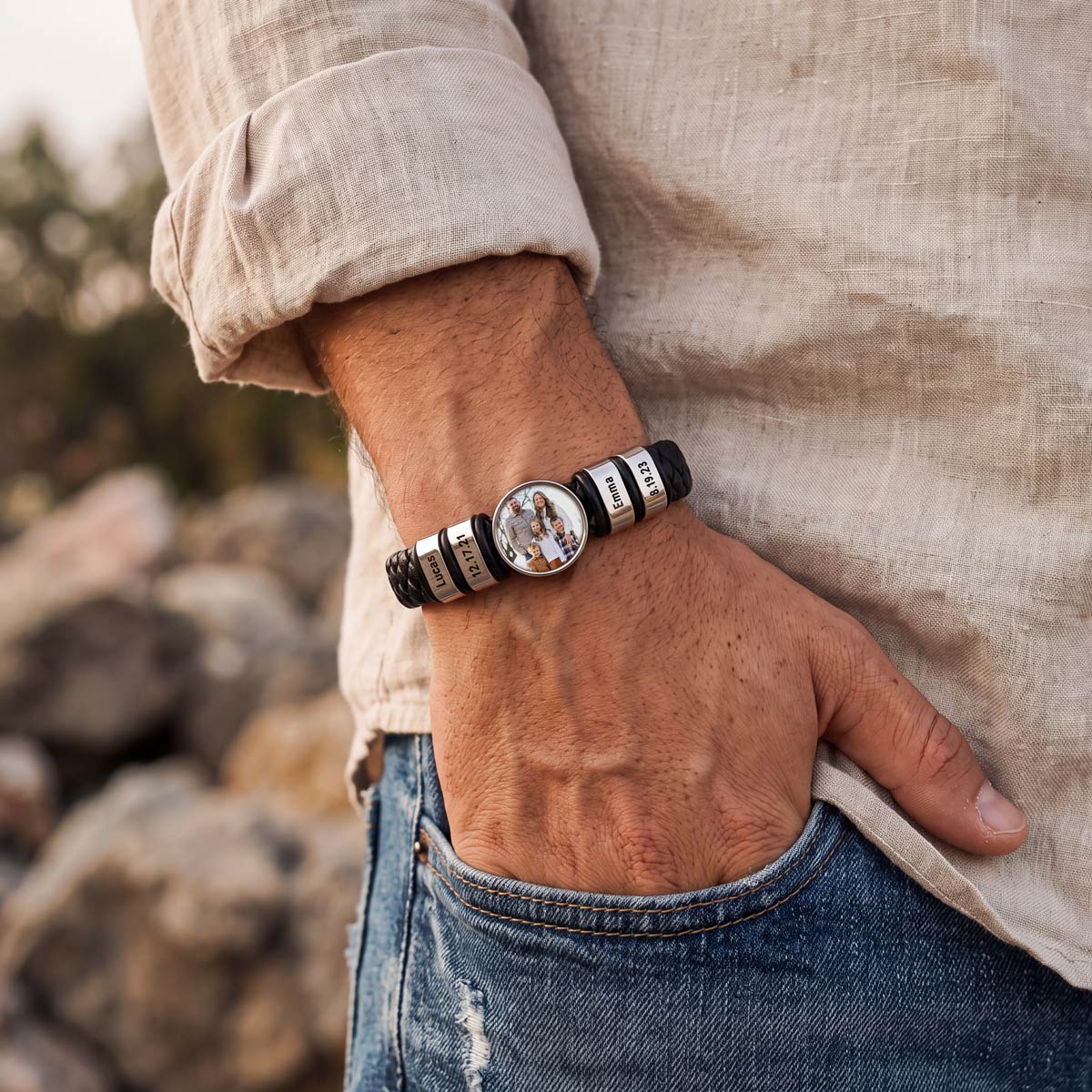 Custom Name Photo Leather Bracelet for Men
