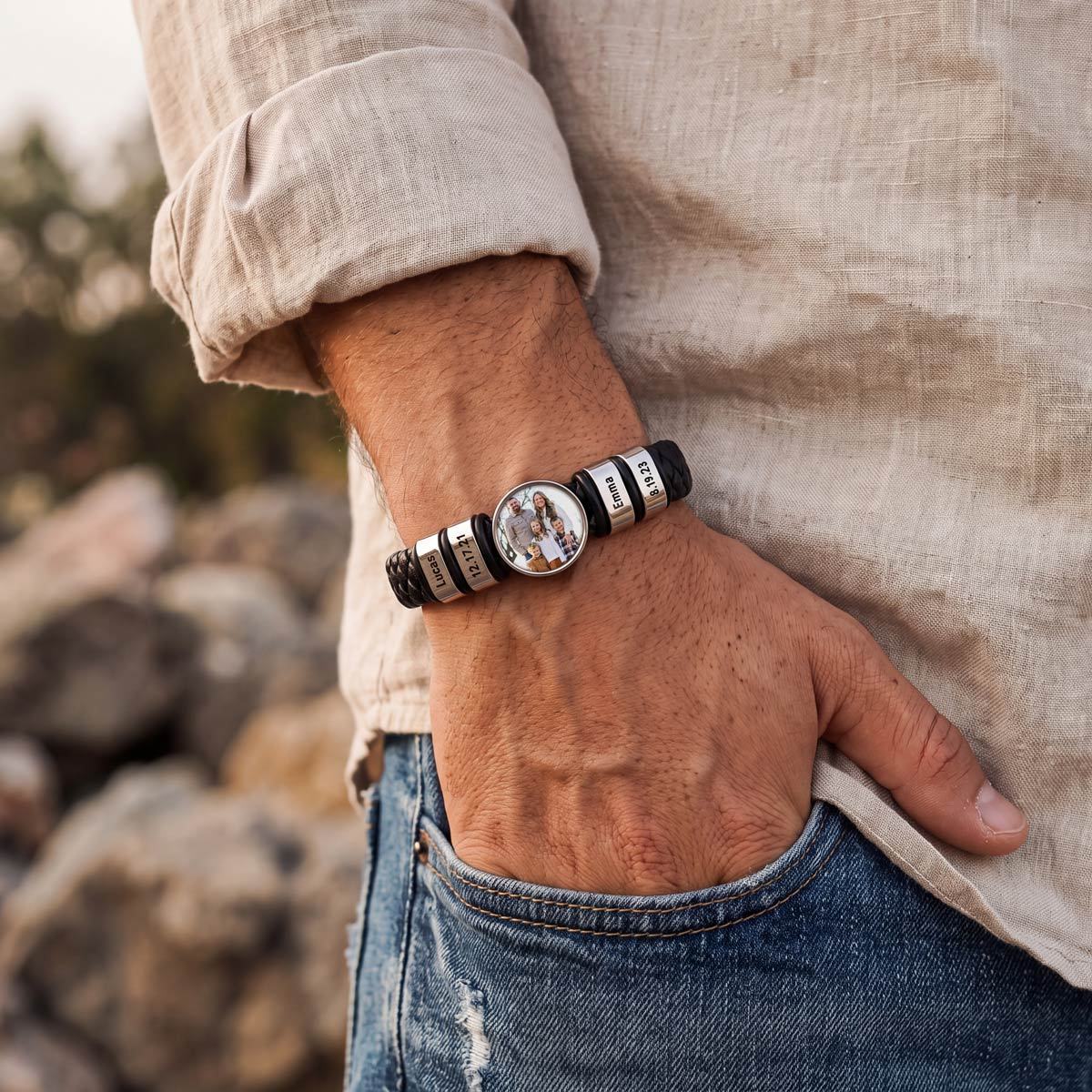 Custom Name Photo Leather Bracelet for Men