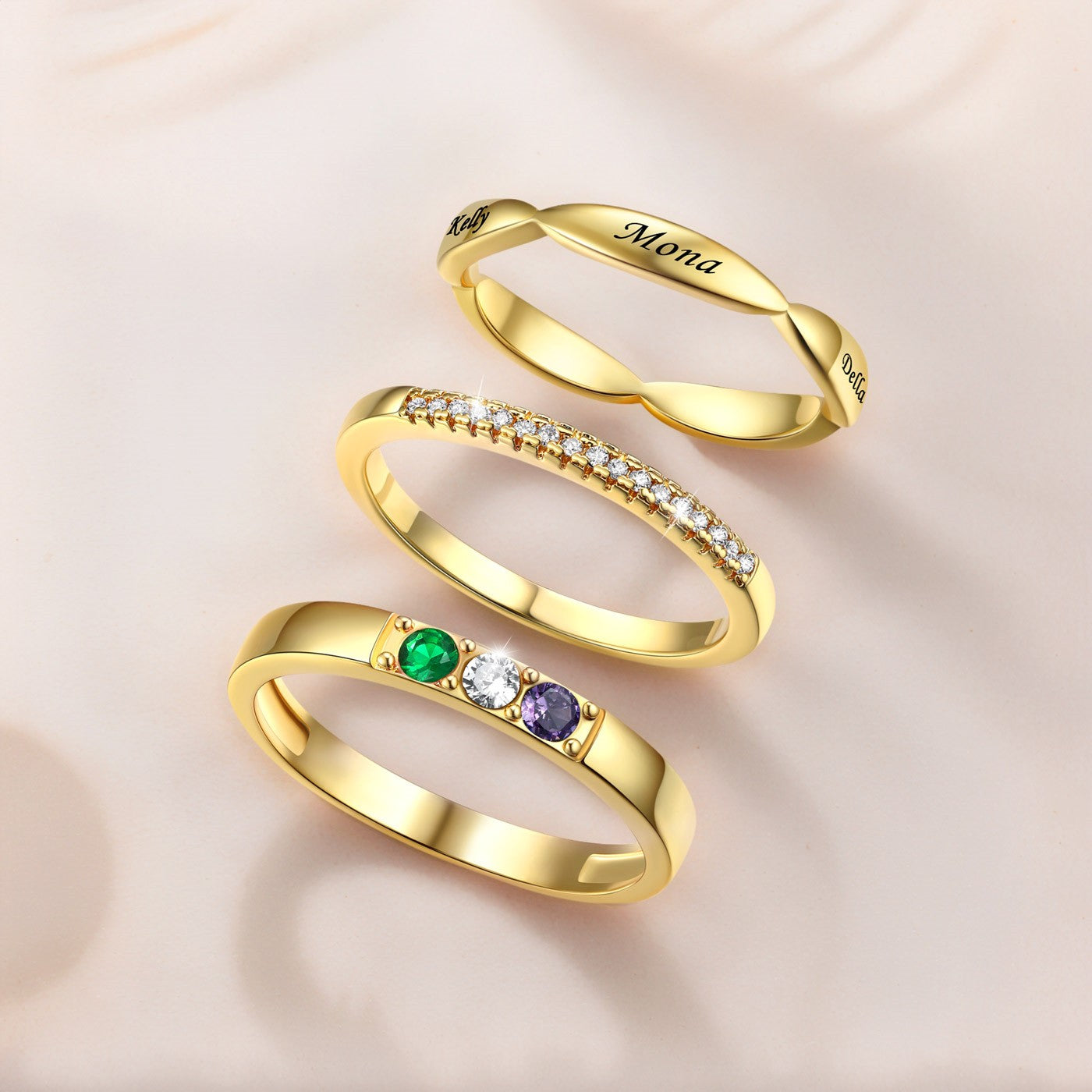 Custom Birthstones Name Stackable Ring for Mom Family gold