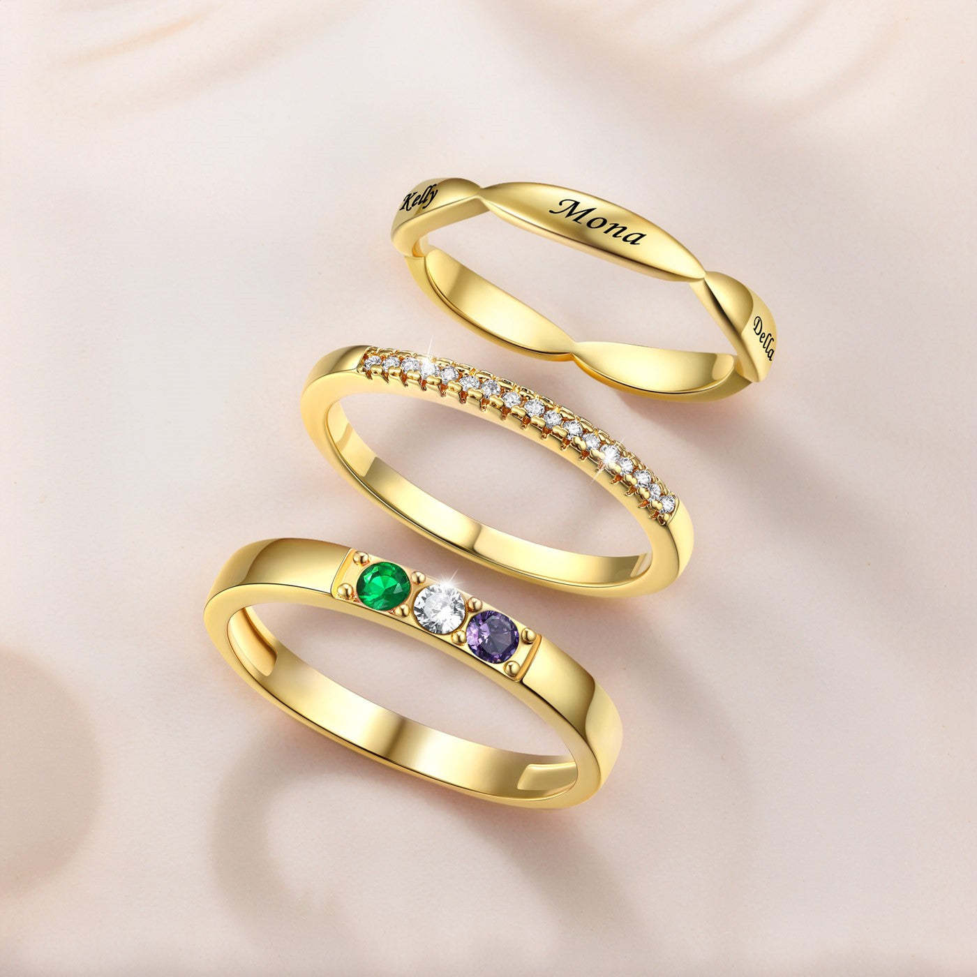 Custom Birthstones Name Stackable Ring for Mom Family gold