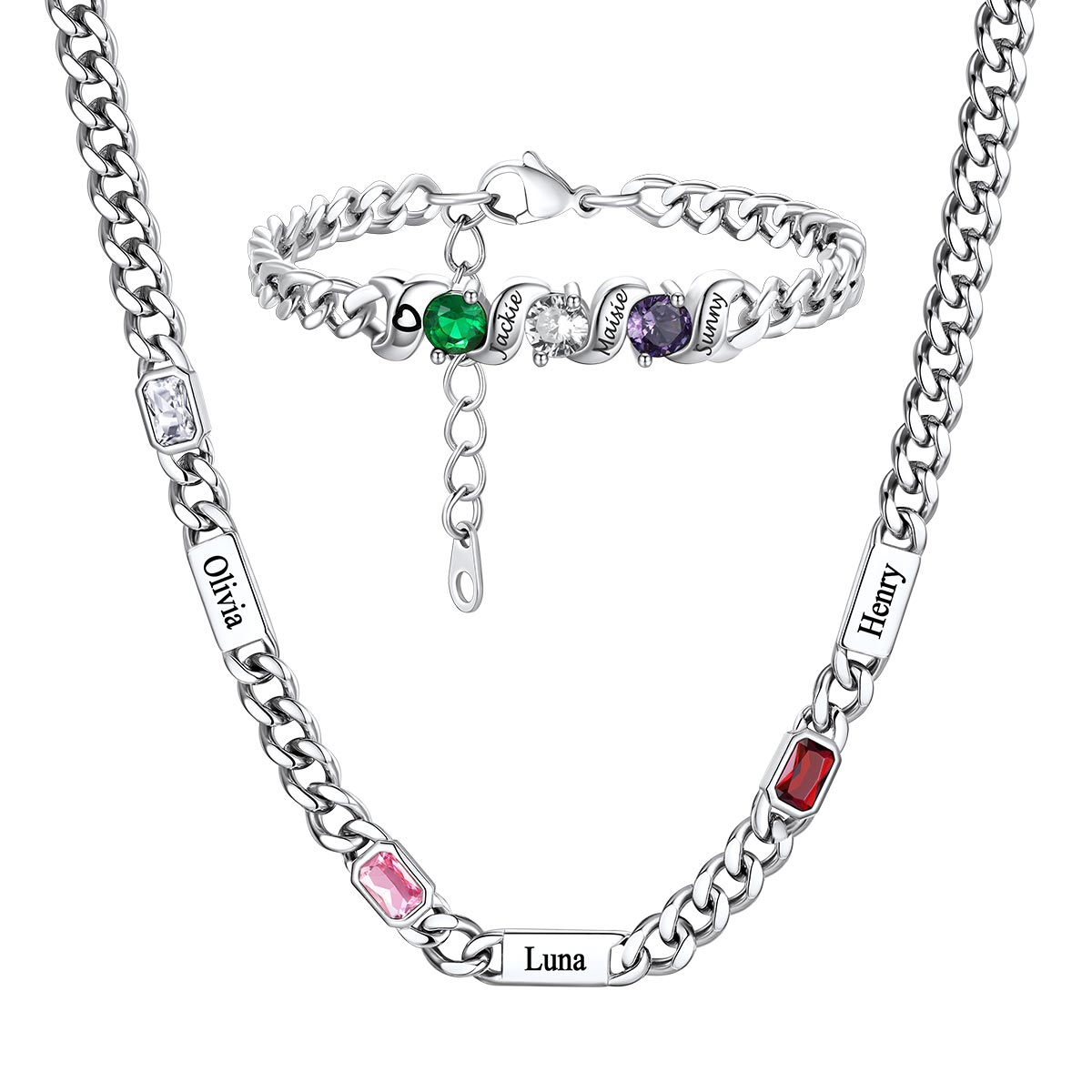 Custom Name Birthstone Cuban Link Necklace & Bracelet Set