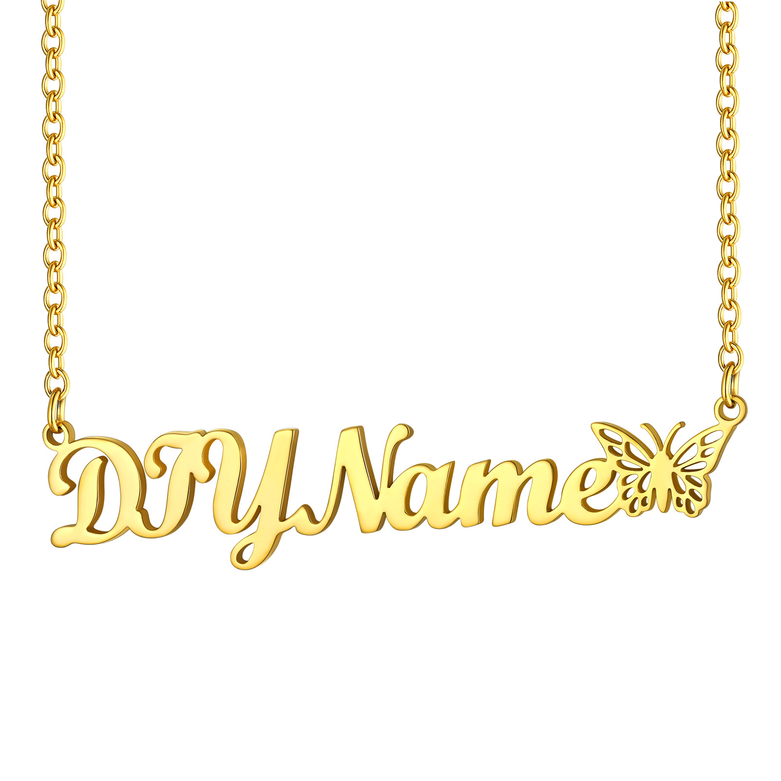 Custom Name Chain Necklace with Butterfly for Women gold