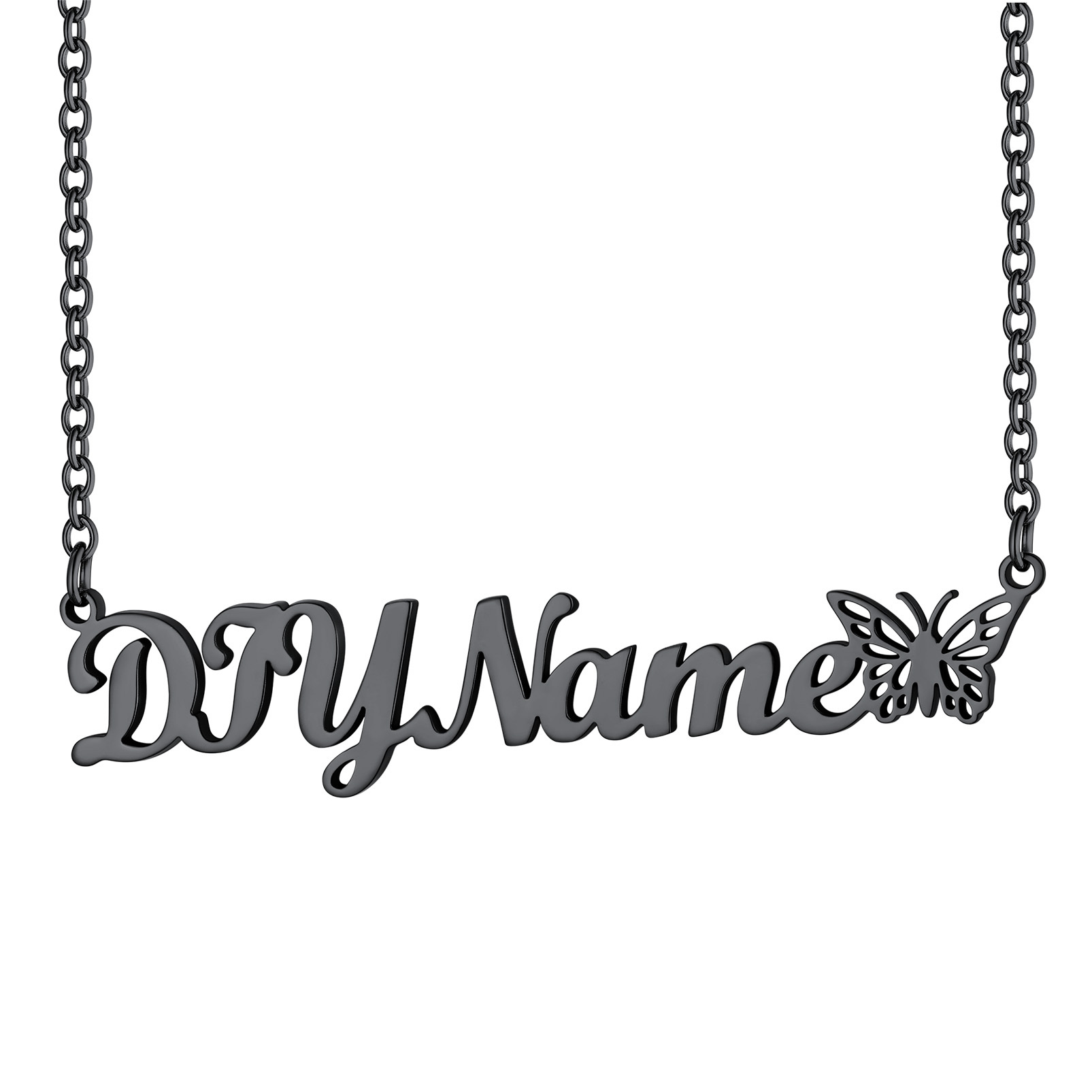 Custom Name Chain Necklace with Butterfly for Women black