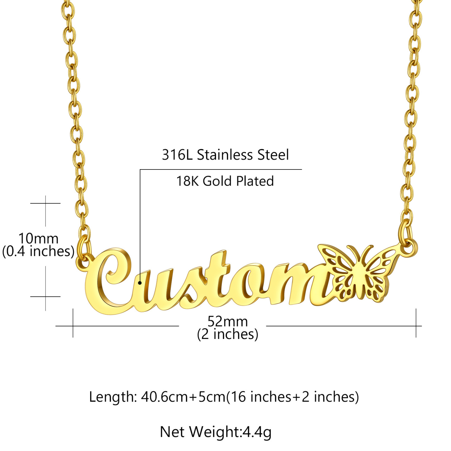 Custom Name Chain Necklace with Butterfly for Women size