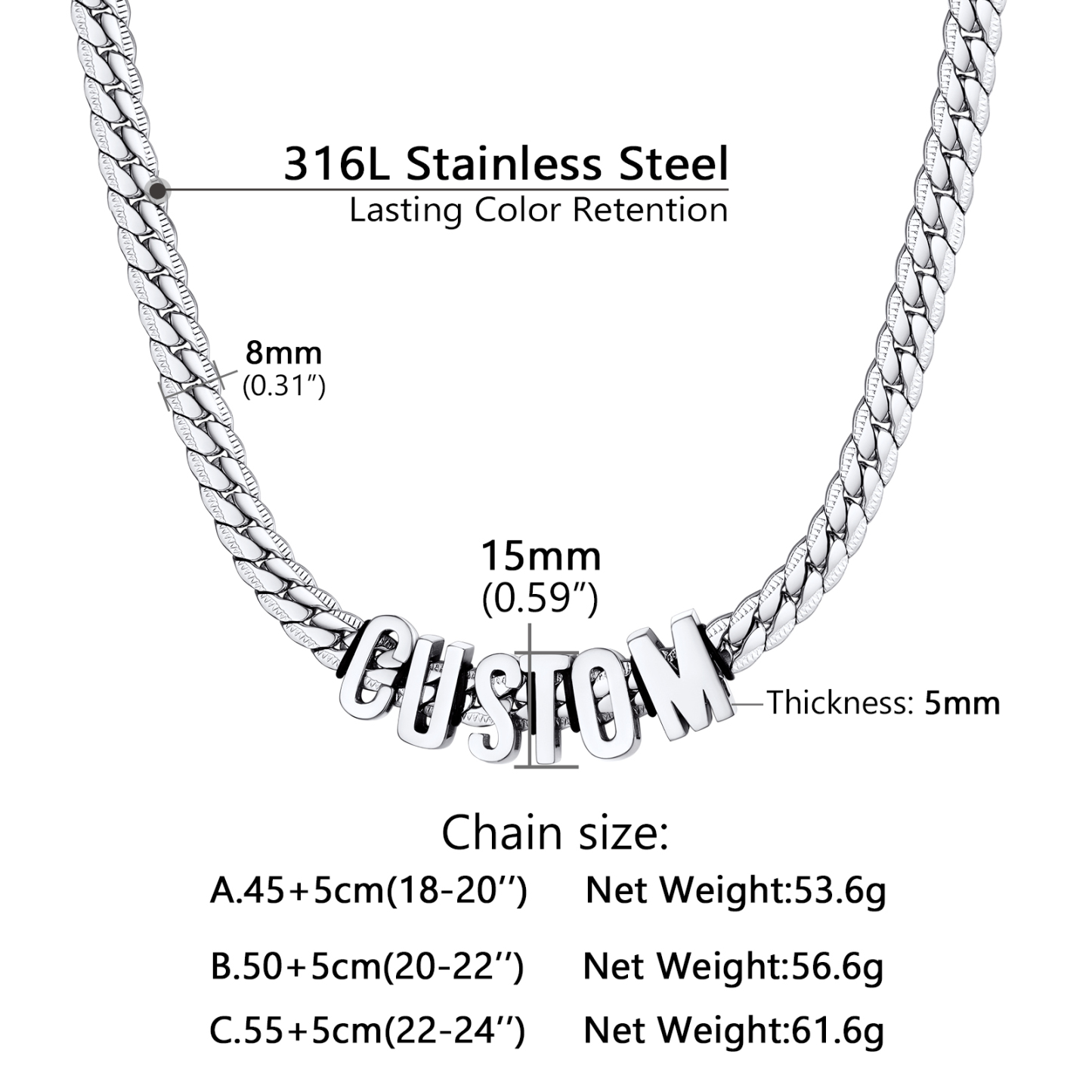 Custom Name Cuban Chain Necklace Gift for Men size