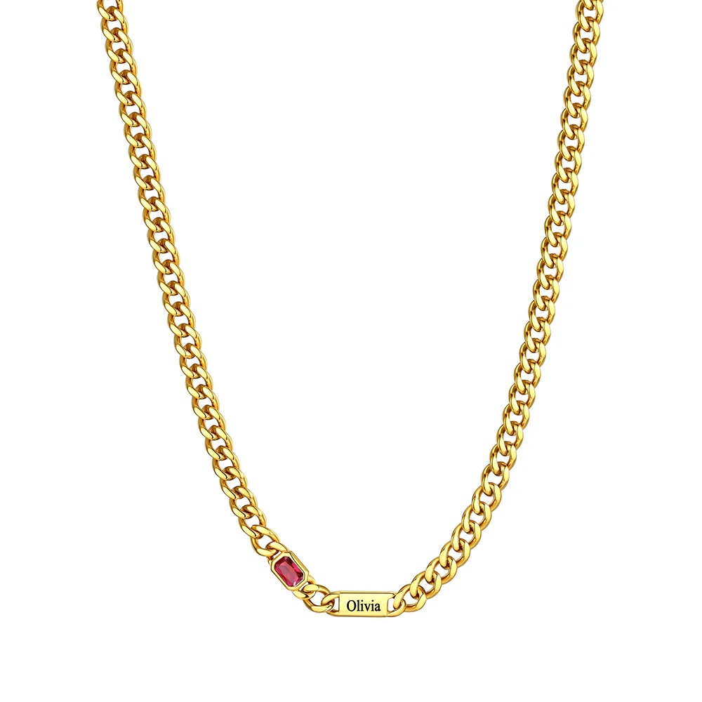 Custom Rectangle Gold 1 Names Birthstones Cuban Link Chain Necklace 5MM