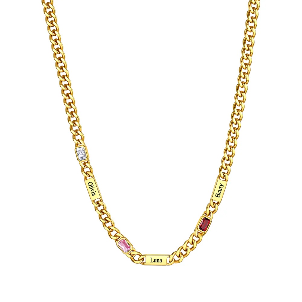 Custom Rectangle Gold 3 Names Birthstones Cuban Link Chain Necklace 5MM