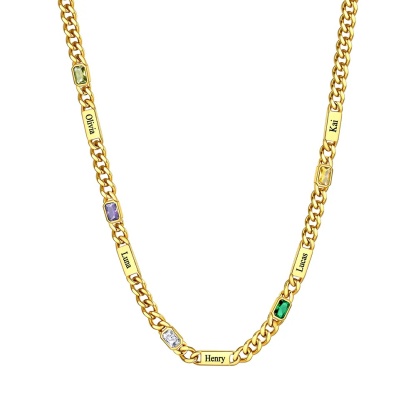 Custom Rectangle Gold 5 Names Birthstones Cuban Link Chain Necklace 5MM