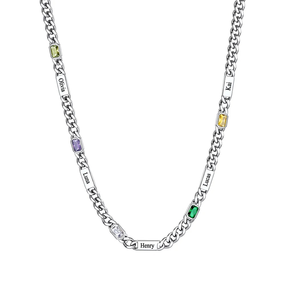 Custom Rectangle 5 Names Birthstones Cuban Link Chain Necklace 5MM