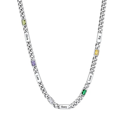 Custom Rectangle 5 Names Birthstones Cuban Link Chain Necklace 5MM