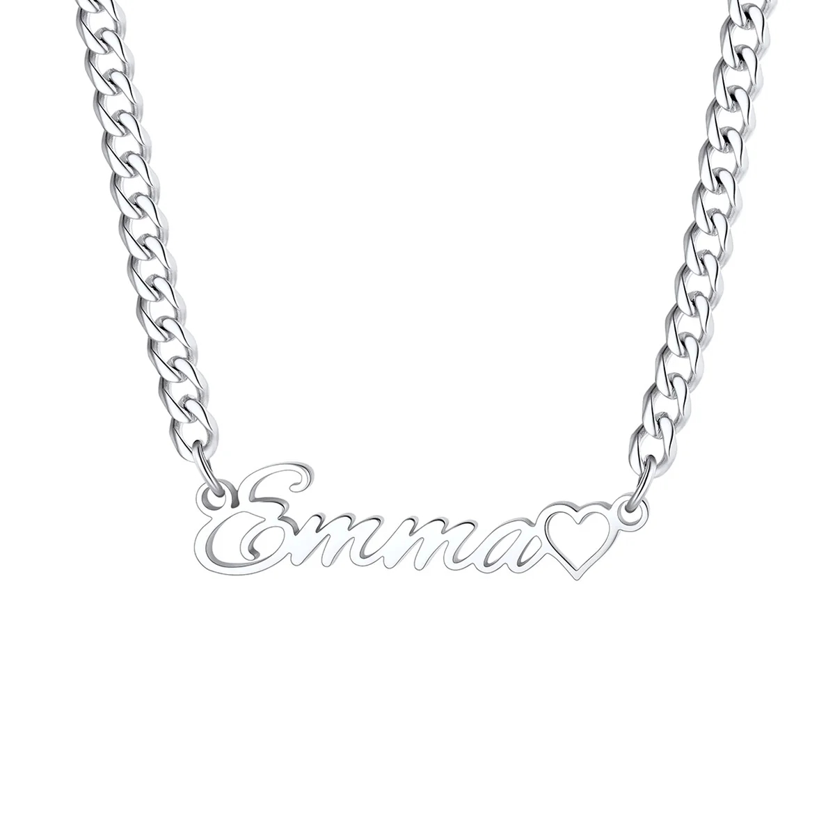 Custom Name Cuban Link Necklace with Heart silver