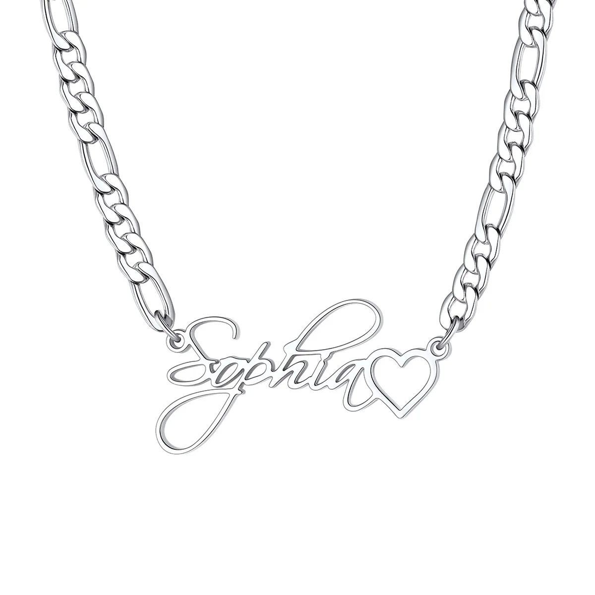 Custom Name Figaro Chain Necklace with Heart silver