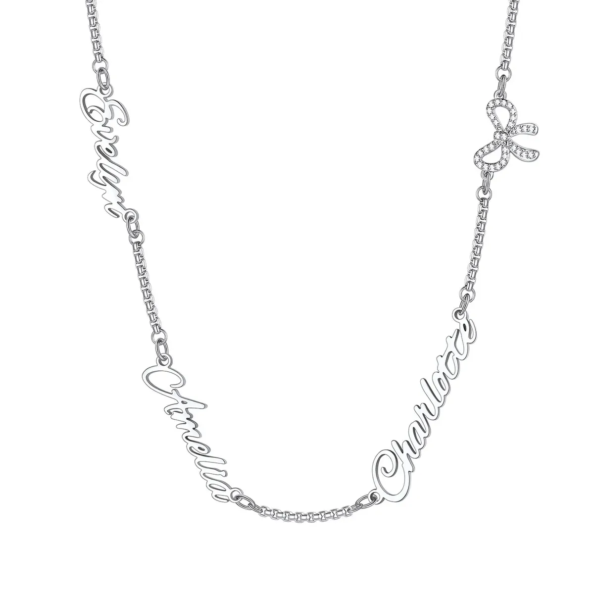 Custom Names Script Necklace with Bow Charm Silver