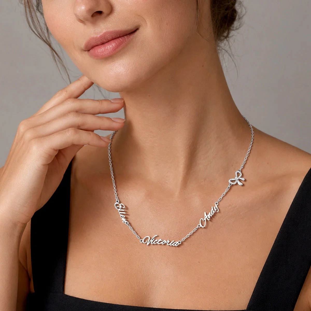 Custom Names Script Necklace with Bow Charm for wife
