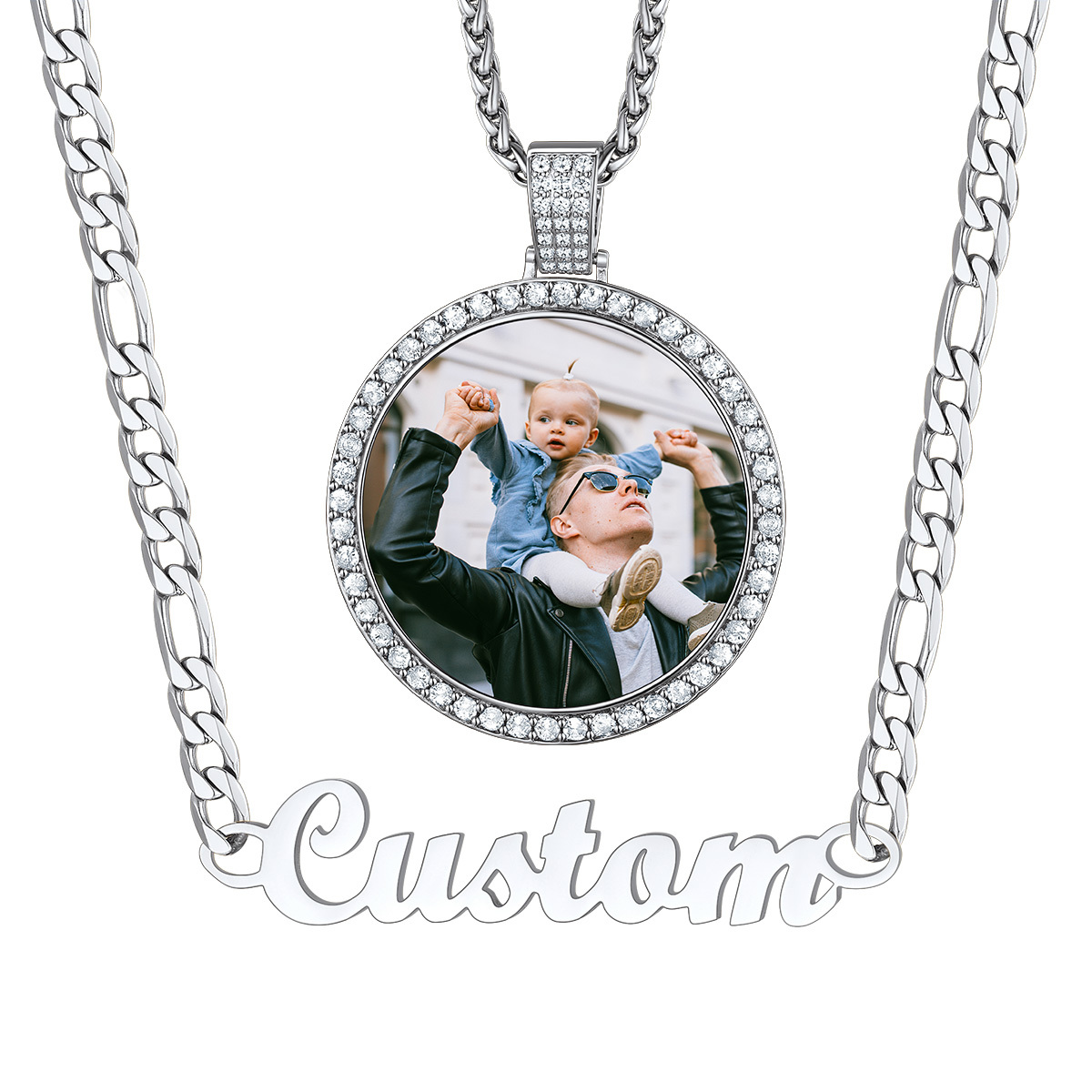 Personalized Mens Circle Chain Photo Necklace with Picture