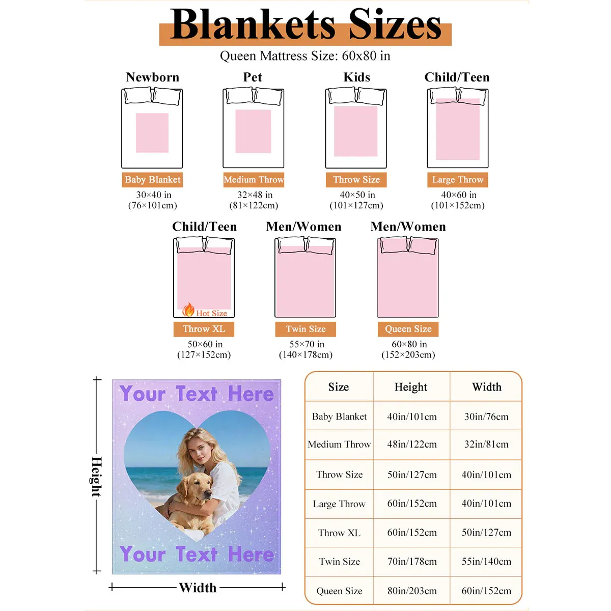 Custom Photo Blanket with Text Dimension Durable Solid