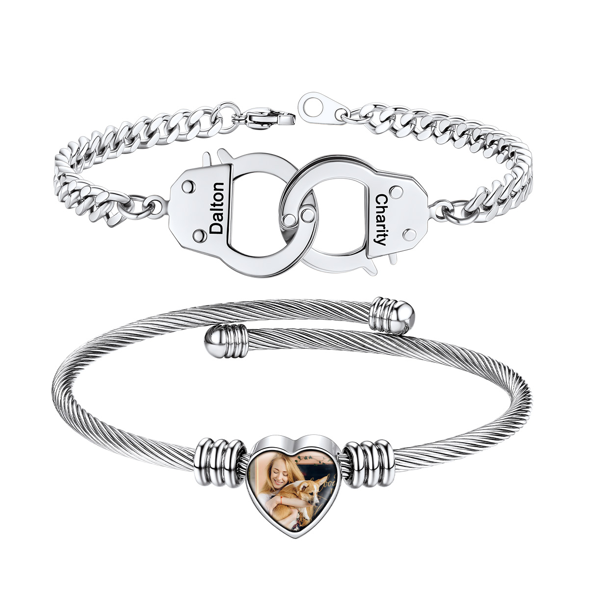 Custom Photo Heart Cuff And Couple Bracelet Set
