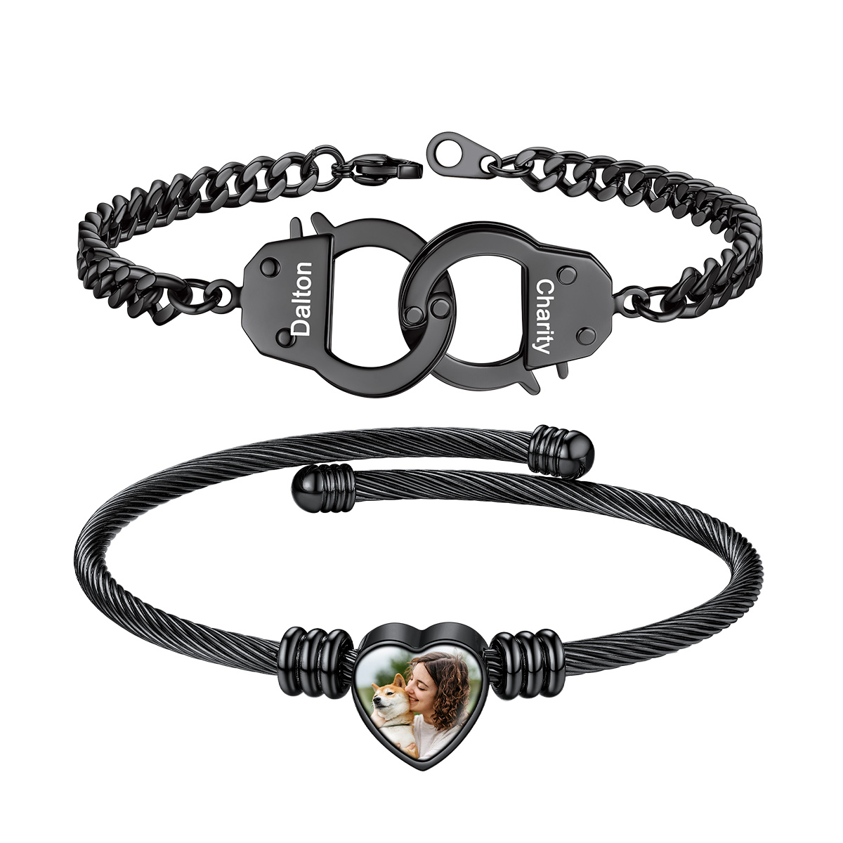 Custom Photo Heart Cuff And Couple Bracelet Set