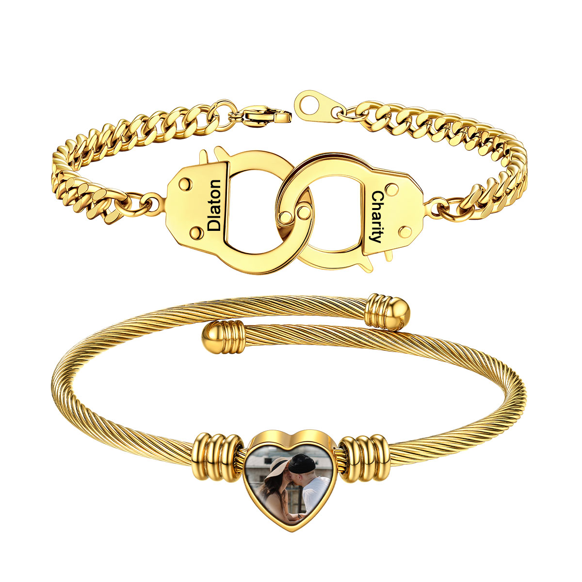 Custom Photo Heart Cuff And Couple Bracelet Set