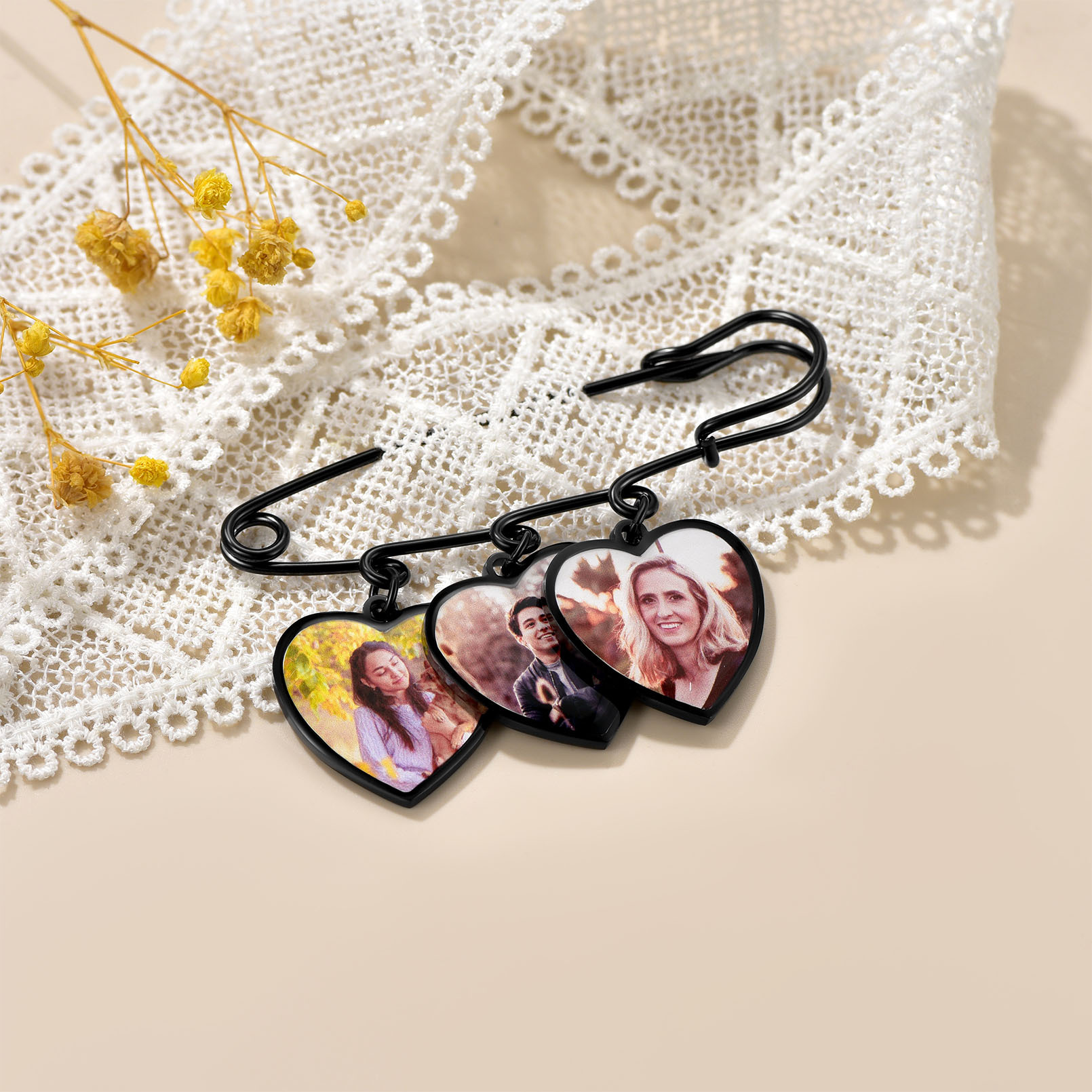 Custom Photo Memorial Pin Wedding Bouquet Charm noir