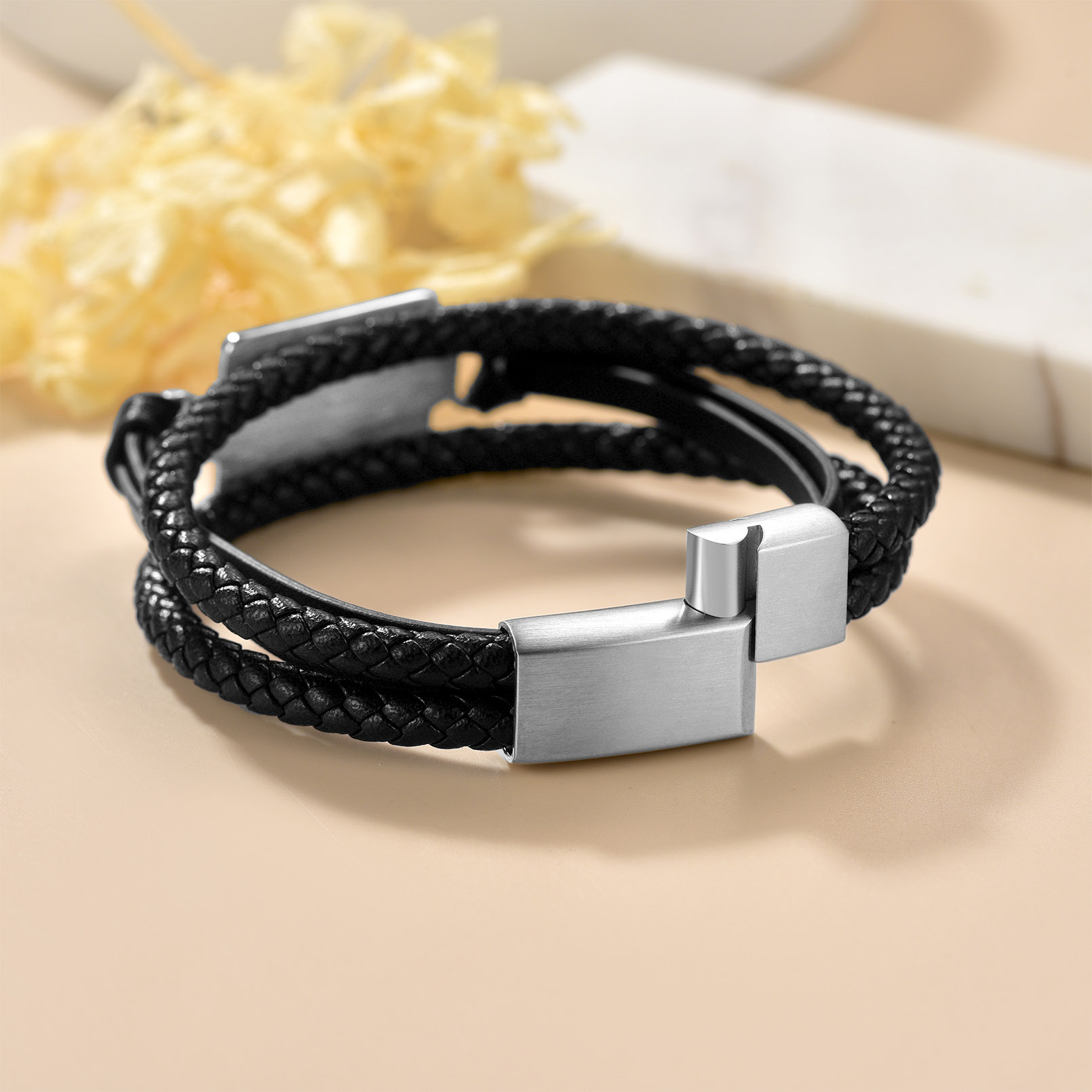 Custom Picture Black Leather Bracelet Gift for Men