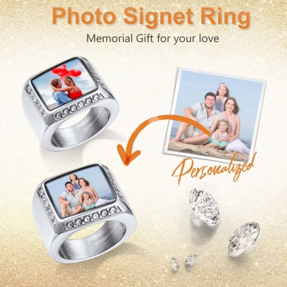 Custom Rectangle Photo Iced Out Picture Signet Ring for Men