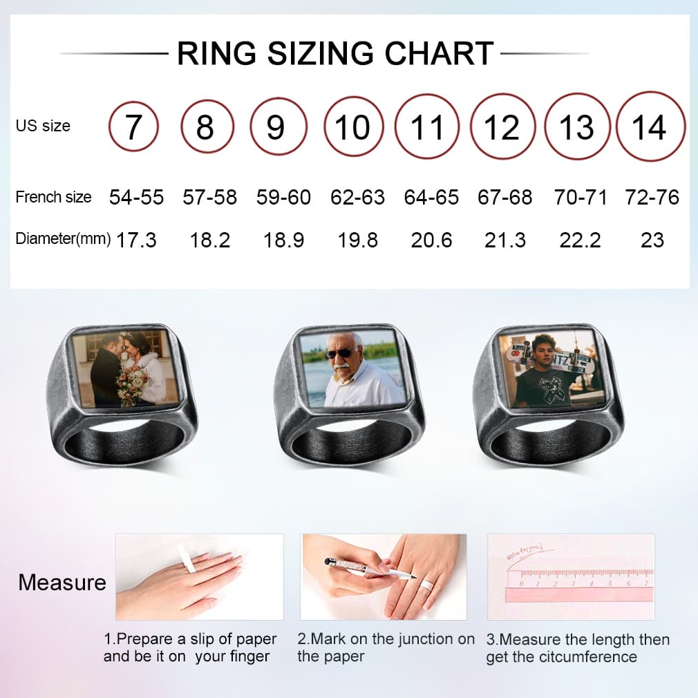 Custom Picture Signet Ring for Men with Text Memorial Gift mesure