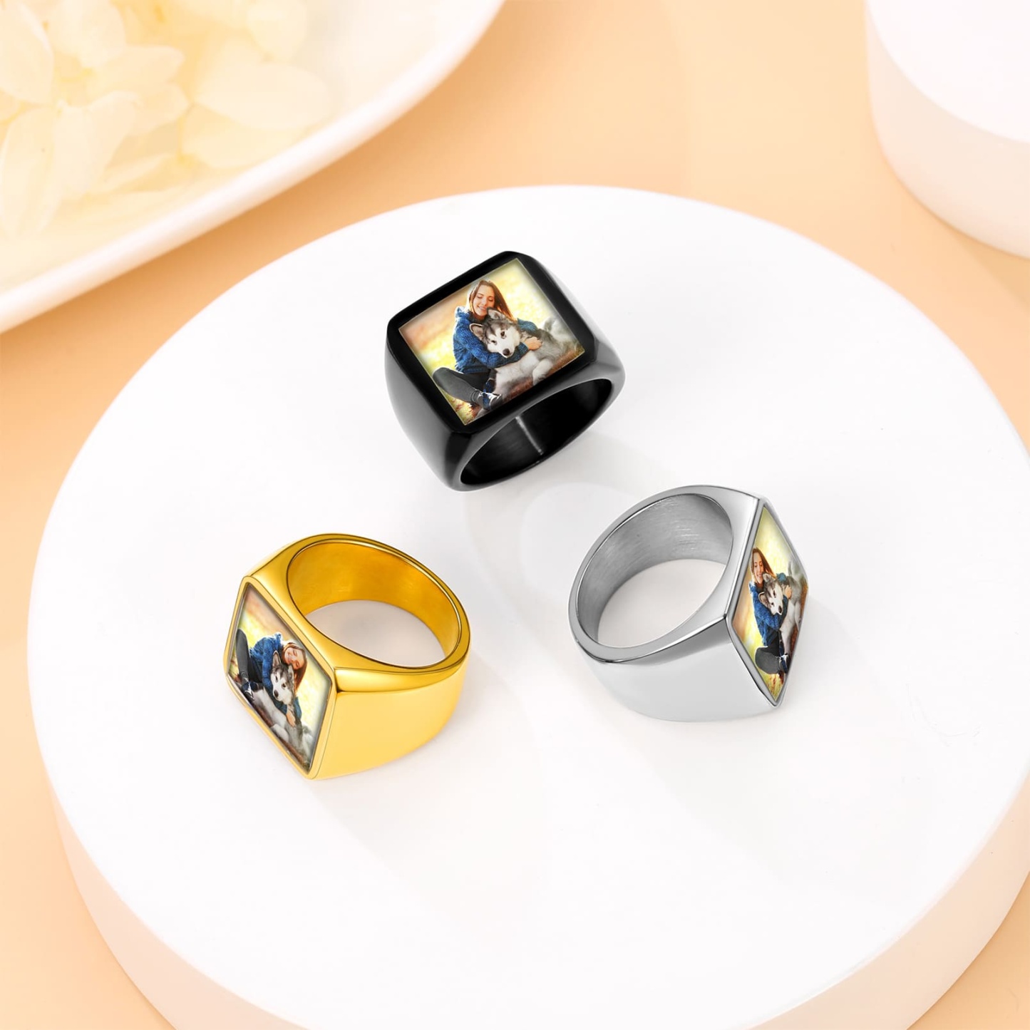 Custom Picture Signet Ring for Men with Text Memorial Giftin different colors