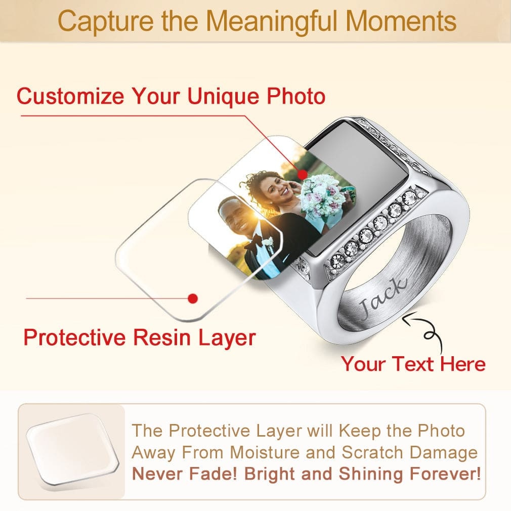Custom Rectangle Photo Iced Out Picture Signet Ring detail