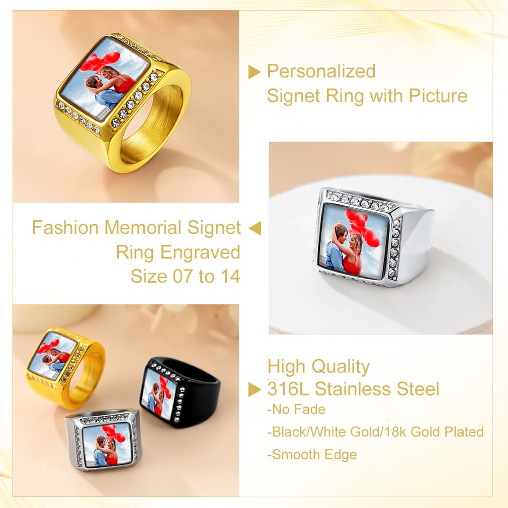 Custom Rectangle Photo Iced Out Picture Signet Ring for Men detail