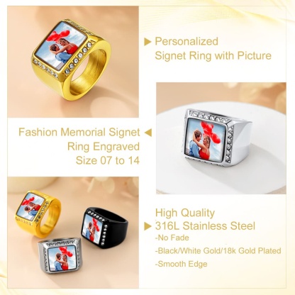 Custom Rectangle Photo Iced Out Picture Signet Ring for Men detail