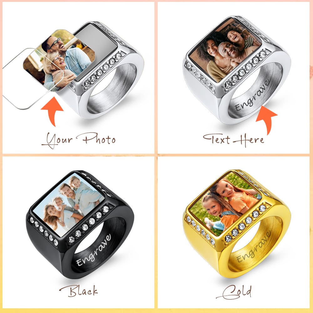 Custom Rectangle Photo Iced Out Picture Signet Ring for Men
