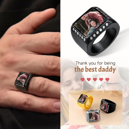 Custom Rectangle Photo Iced Out Picture Signet Ring for dad