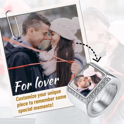 Custom Rectangle Photo Iced Out Picture Signet Ring for lover