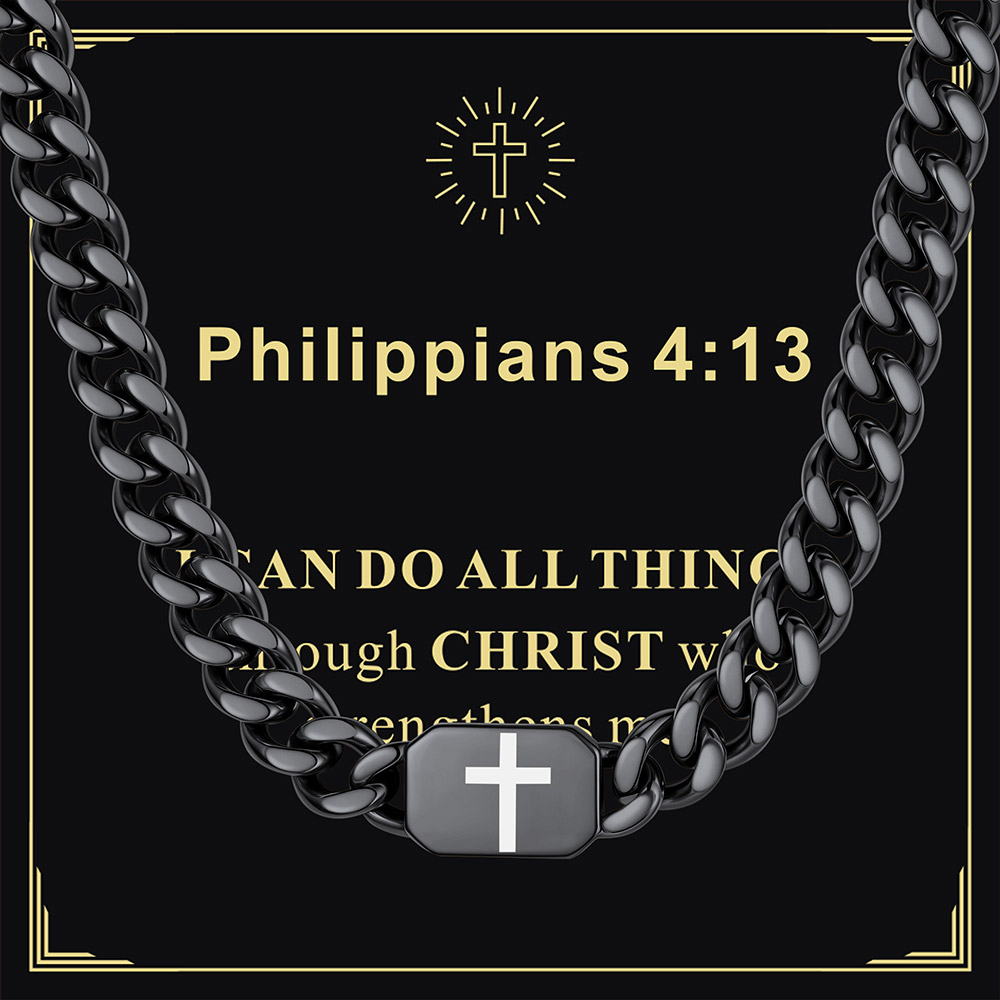 Custom Religious Cross Cuban Link Necklace 7MM black Anniversary Gift 