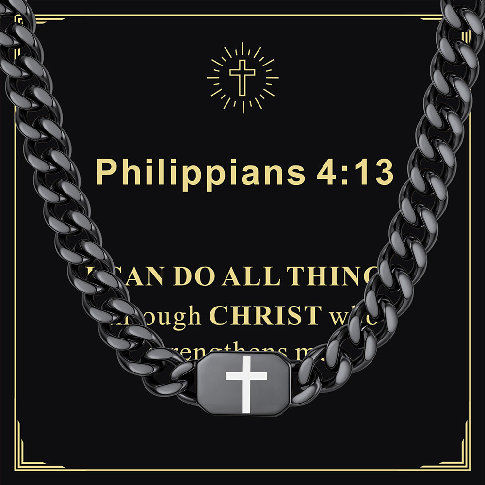 Custom Religious Cross Cuban Link Necklace 7MM black Anniversary Gift 