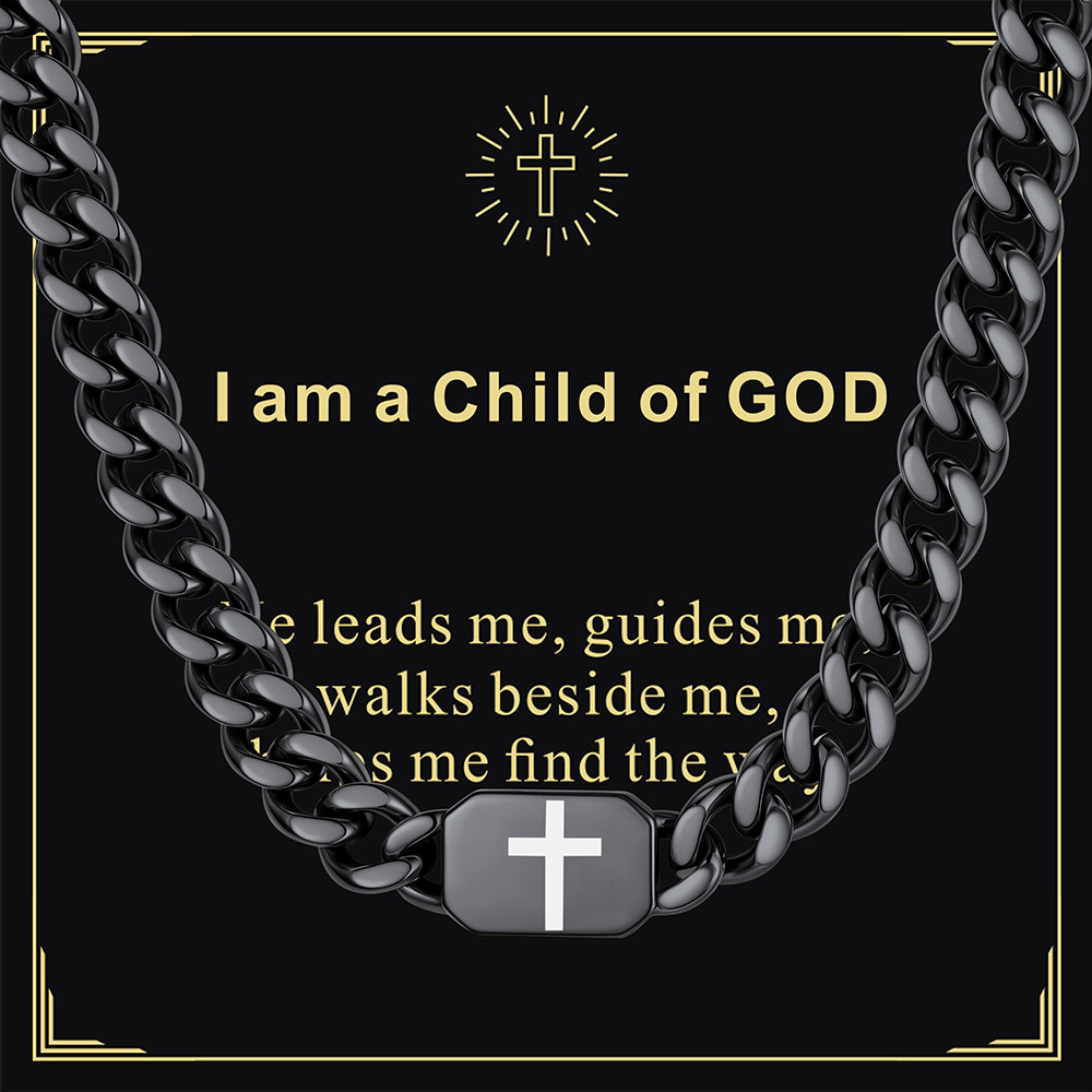 Custom Religious Cross Cuban Link Necklace 7MM black for boy