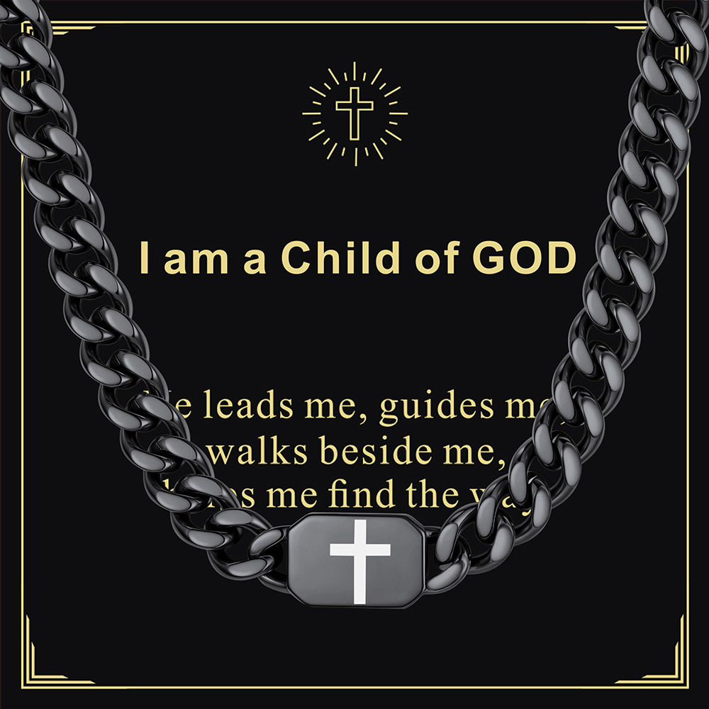 Custom Religious Cross Cuban Link Necklace 7MM black for boy