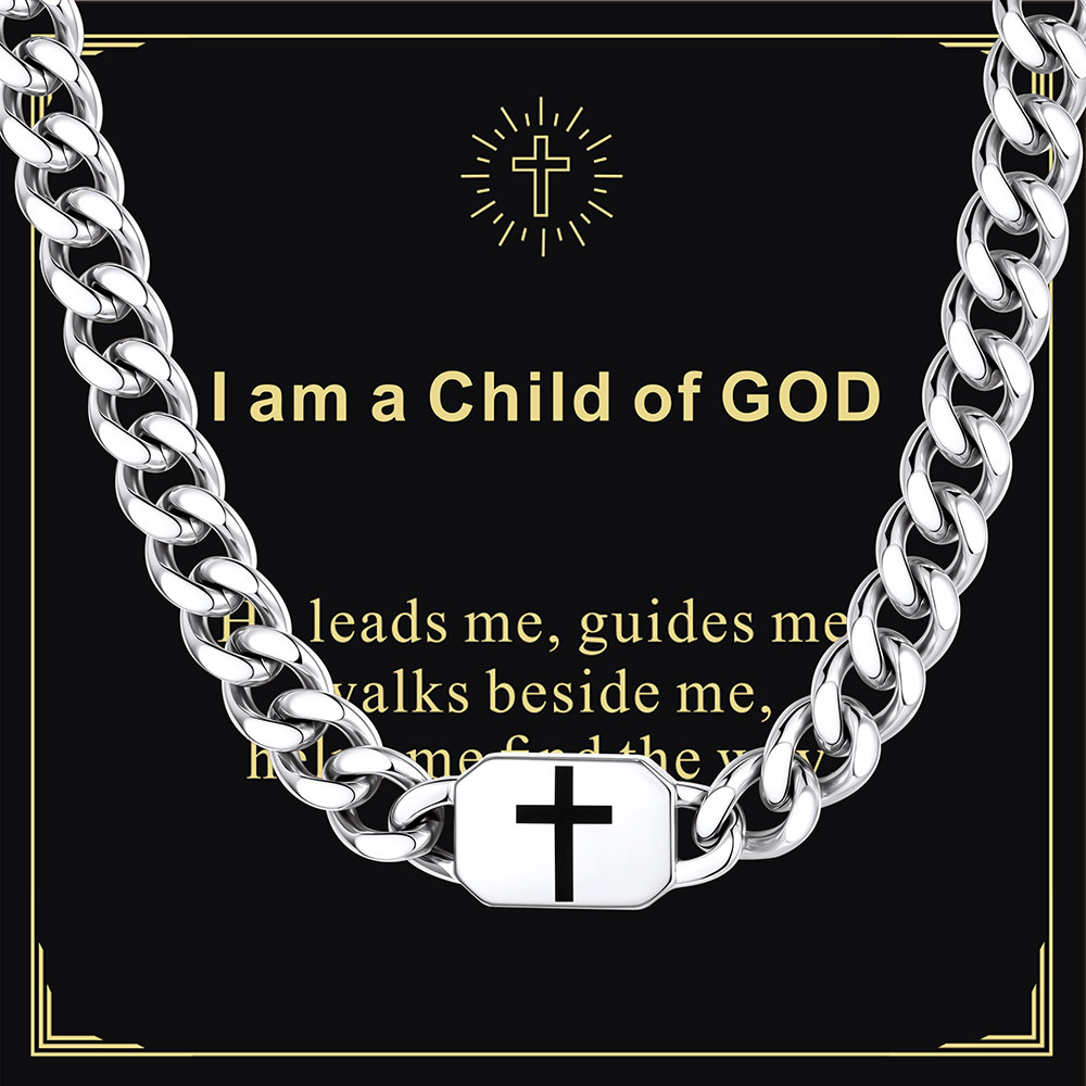 Custom Religious Cross Cuban Link Necklace 9MM silver Heartfelt Gift