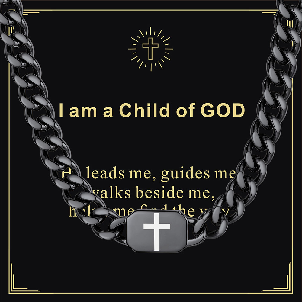 Custom Religious Cross Cuban Link Necklace 9MM black Meaningful Gift 